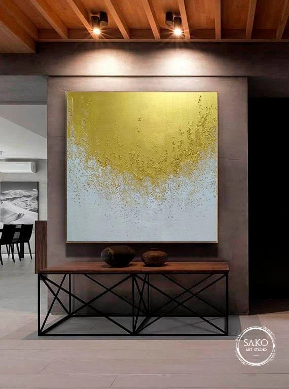 Gold Handmade Leaf Contemporary Abstract Canvas Artwork 64UE5